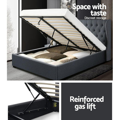 Artiss Issa Bed Frame Fabric Gas Lift Storage - Charcoal Queen - Payday Deals