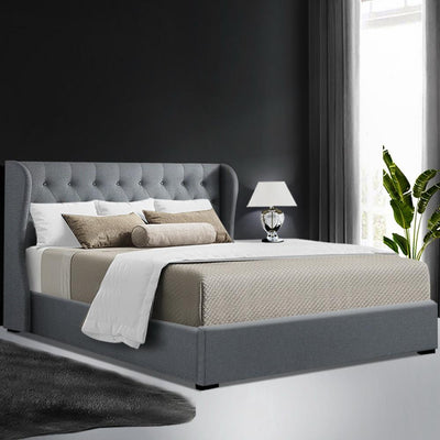 Artiss Issa Bed Frame Fabric Gas Lift Storage - Grey Queen - Payday Deals