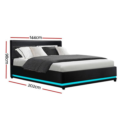 Artiss Lumi LED Bed Frame PU Leather Gas Lift Storage - Black Double - Payday Deals