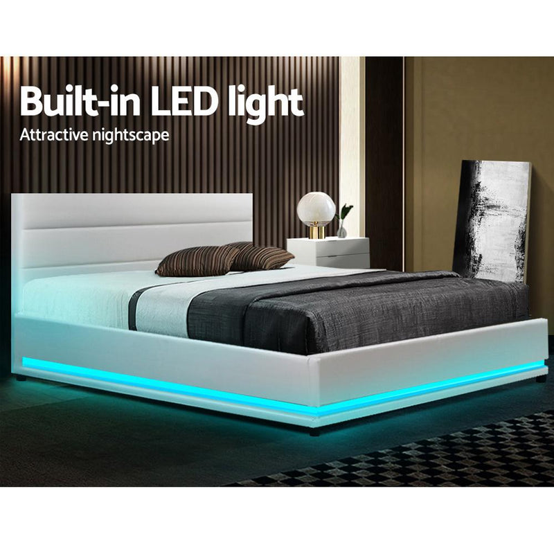 Artiss Lumi LED Bed Frame PU Leather Gas Lift Storage - White Double - Payday Deals