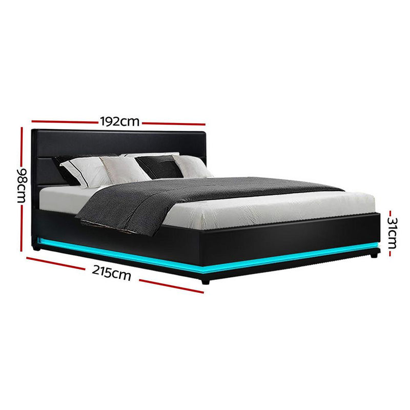 Artiss Lumi LED Bed Frame PU Leather Gas Lift Storage - Black King - Payday Deals