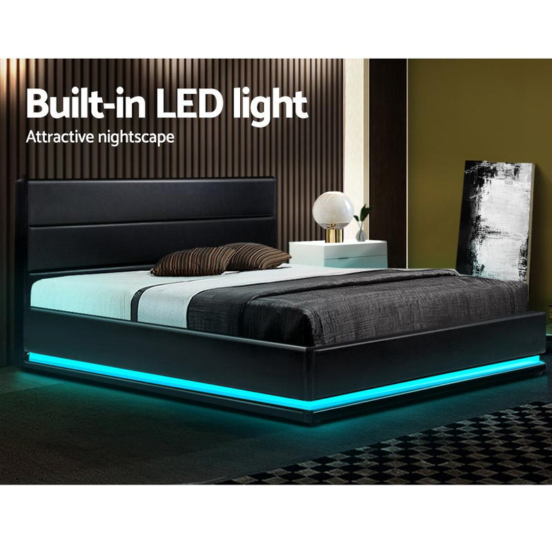 Artiss Lumi LED Bed Frame PU Leather Gas Lift Storage - Black King - Payday Deals