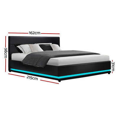 Artiss Lumi LED Bed Frame PU Leather Gas Lift Storage - Black Queen - Payday Deals