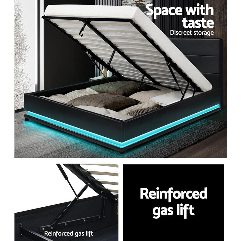 Artiss Lumi LED Bed Frame PU Leather Gas Lift Storage - Black Queen - Payday Deals