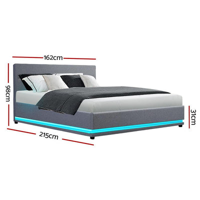 Artiss Lumi LED Bed Frame Fabric Gas Lift Storage - Grey Queen - Payday Deals