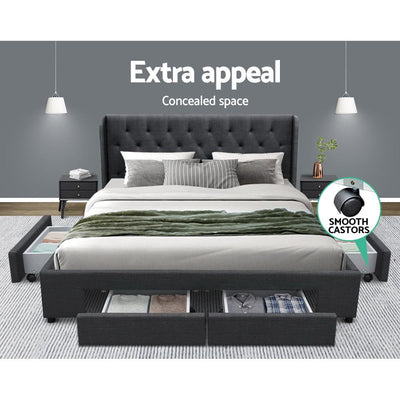 Artiss Mila Bed Frame Storage Drawers Fabric - Charcoal King - Payday Deals