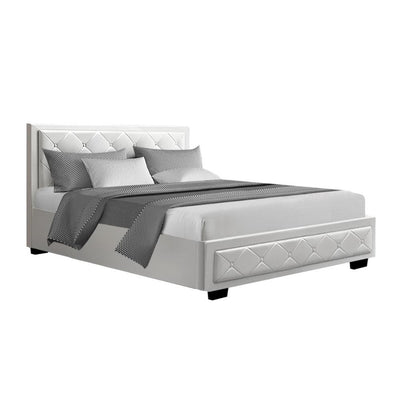 Artiss Tiyo Bed Frame PU Leather Gas Lift Storage - White Double - Payday Deals