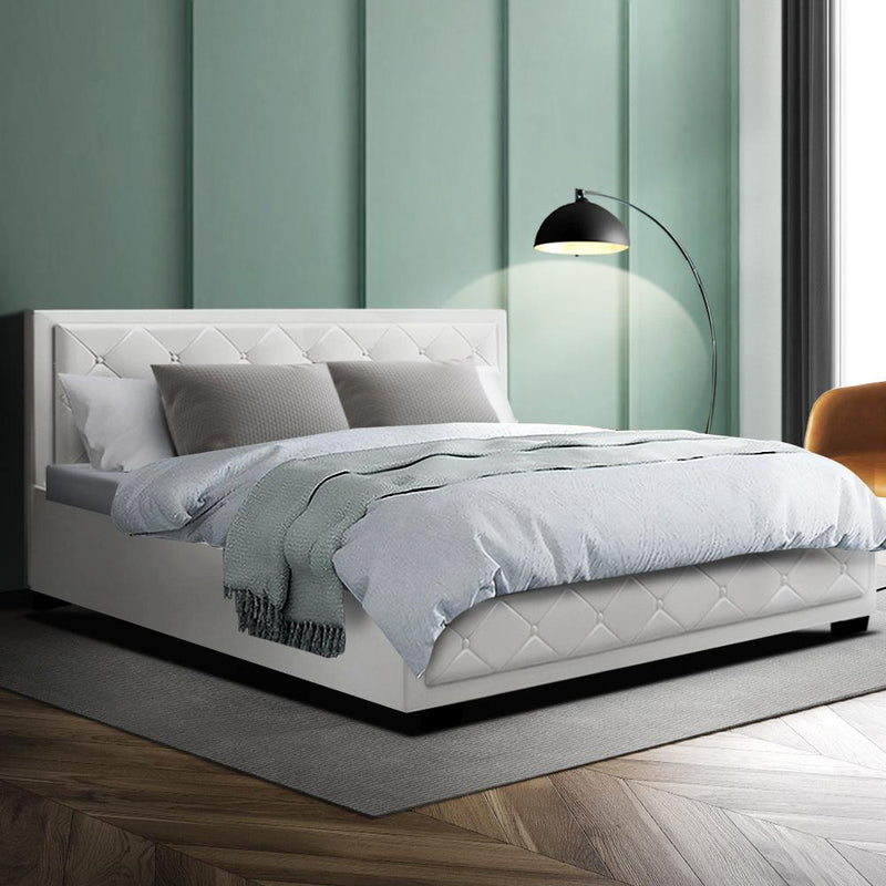 Artiss Bed Frame King Size Gas Lift Base With Storage White Leather Tiyo Collection - Payday Deals