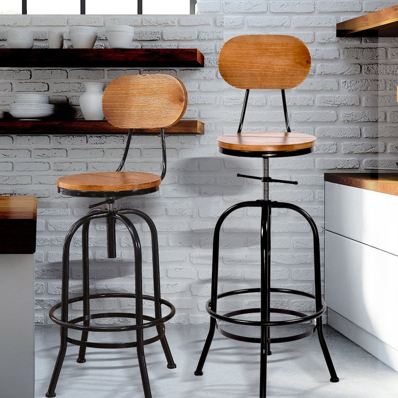 2x Levede Industrial Bar Stools Kitchen Stool Wooden Barstools Swivel Vintage - Payday Deals