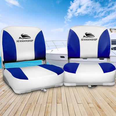 Seamanship Set of 2 Folding Swivel Boat Seats - White & Blue - Payday Deals