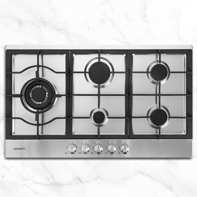 Devanti Gas Cooktop 90cm Kitchen Stove Cooker 5 Burner Stainless Steel NG/LPG Silver - Payday Deals