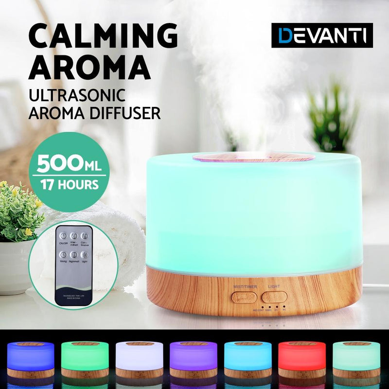 DEVANTI Aroma Diffuser Aromatherapy LED Night Light Air Humidifier Purifier Round Light Wood Grain 500ml Remote Control - Payday Deals