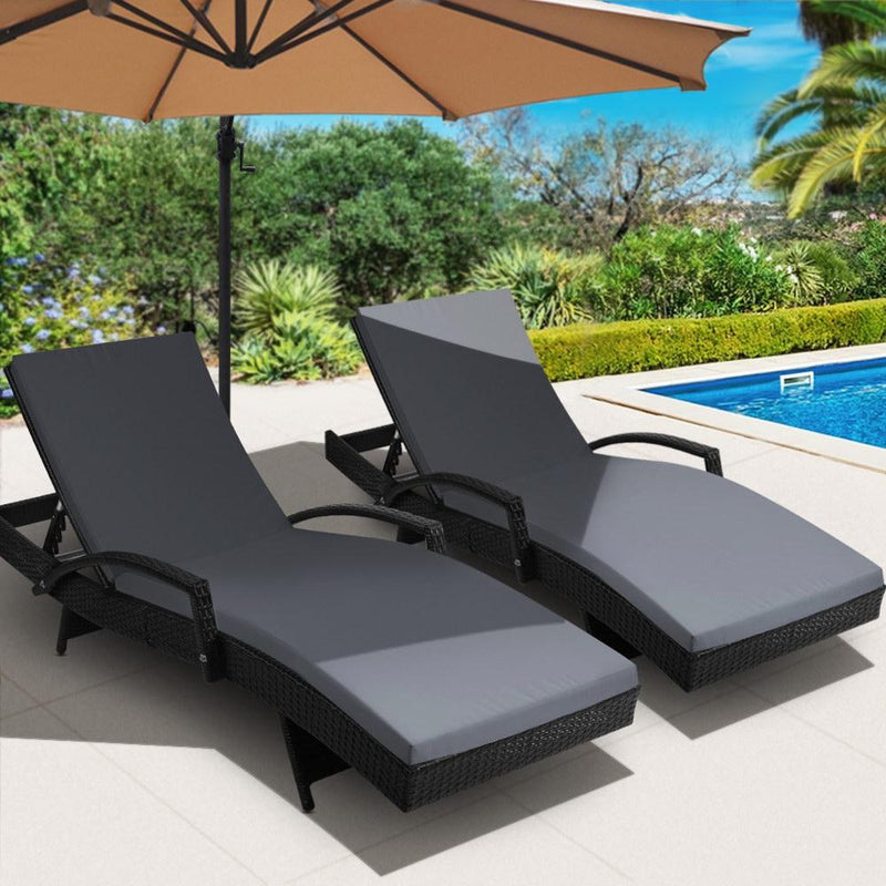 Gardeon Set of 2 Outdoor Sun Lounge Chair with Cushion - Black - Payday Deals