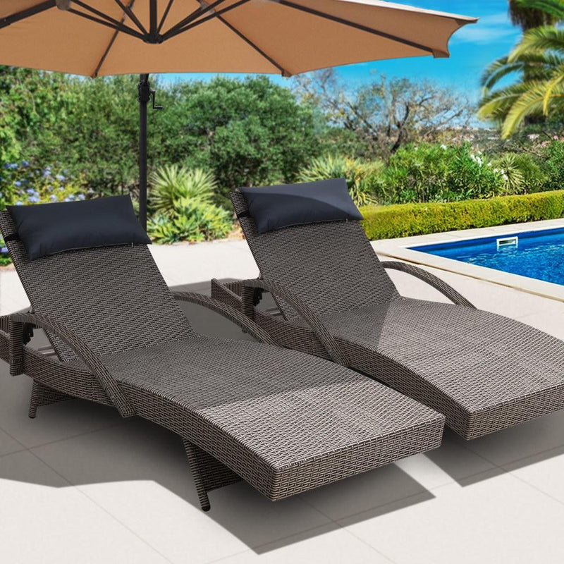 Gardeon Set of 2 Sun Lounge Outdoor Furniture Wicker Lounger Rattan Day Bed Garden Patio Grey - Payday Deals