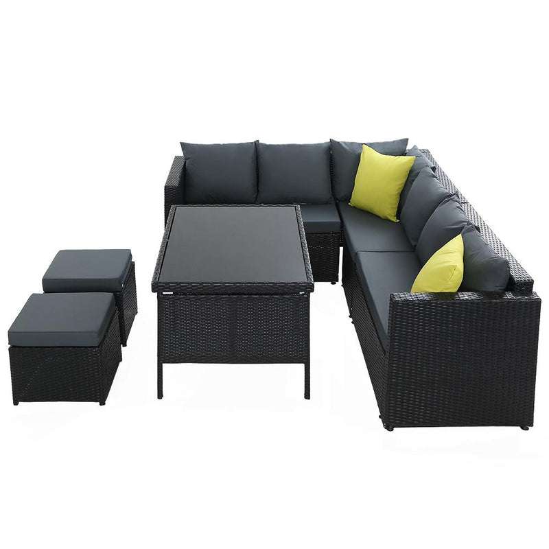 Gardeon Outdoor Furniture Patio Set Dining Sofa Table Chair Lounge Wicker Garden Black - Payday Deals