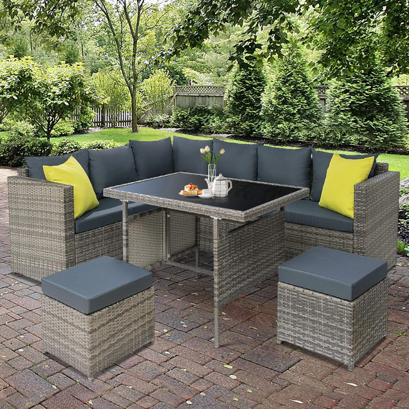Gardeon Outdoor Furniture Patio Set Dining Sofa Table Chair Lounge Garden Wicker Grey - Payday Deals