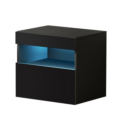 Artiss Bedside Tables Drawers Side Table RGB LED High Gloss Nightstand Black