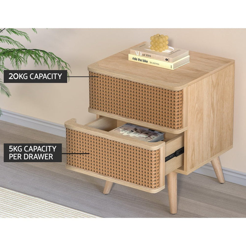 Artiss Bedside Table Rattan Side End Table 2 Drawers Nightstand Bedroom Storage