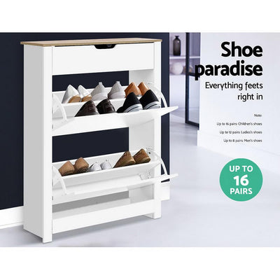 Artiss Shoe Cabinet Rack Storage Organiser Cupboard Shelf Drawer 16 Pairs White - Payday Deals