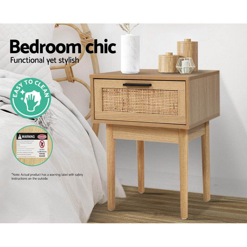 Artiss Bedside Tables Table 1 Drawer Storage Cabinet Rattan Wood Nightstand - Payday Deals