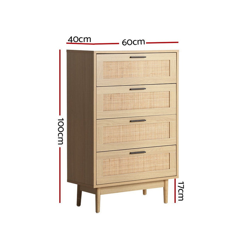 Artiss 4 Chest of Drawers Rattan Tallboy Cabinet Bedroom Clothes Storage Wood - Payday Deals