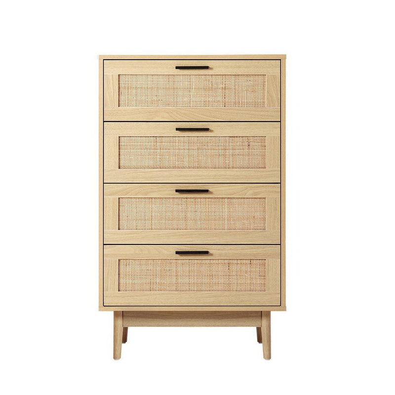 Artiss 4 Chest of Drawers Rattan Tallboy Cabinet Bedroom Clothes Storage Wood - Payday Deals