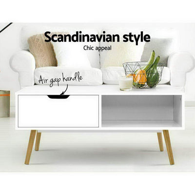 Artiss Coffee Table Storage Drawer Open Shelf Wooden Legs Scandinavian White - Payday Deals