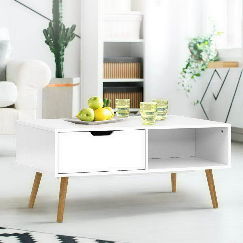 Artiss Coffee Table Storage Drawer Open Shelf Wooden Legs Scandinavian White - Payday Deals