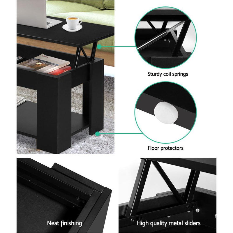 Artiss Lift Up Top Coffee Table Storage Shelf Black - Payday Deals