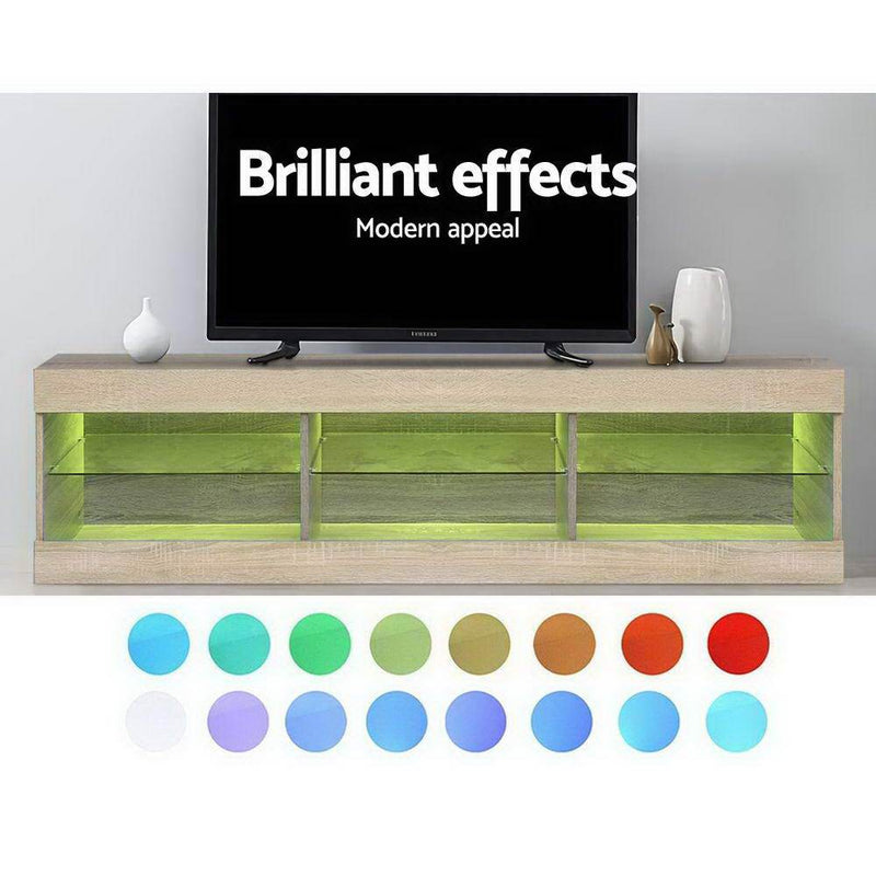 Artiss TV Cabinet Entertainment Unit Stand RGB LED Glass Shelf Storage 150cm Oak - Payday Deals