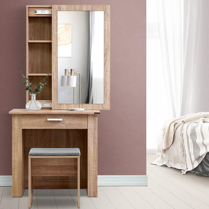 Artiss Dressing Table Mirror Stool Mirror Jewellery Cabinet Makeup Storage Wood - Payday Deals