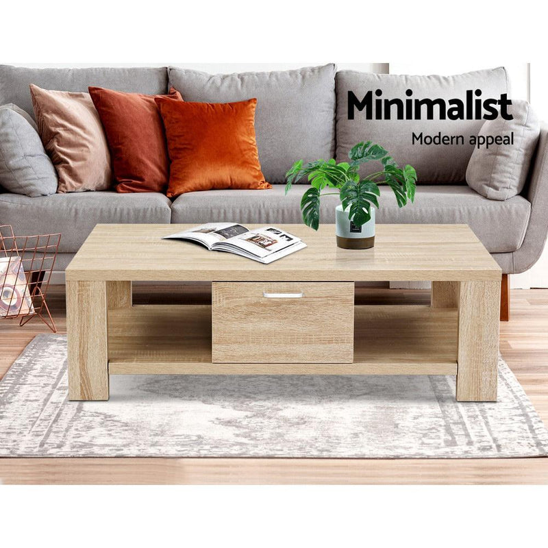 Artiss Coffee Table Wooden Shelf Storage Drawer Living Furniture Thick Tabletop - Payday Deals