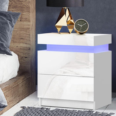 Artiss Bedside Tables Side Table Drawers RGB LED High Gloss Nightstand White - Payday Deals