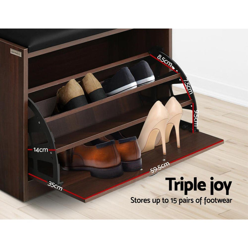 Artiss Shoe Cabinet Bench Shoes Storage Rack Organiser Drawer 15 Pairs Walnut - Payday Deals