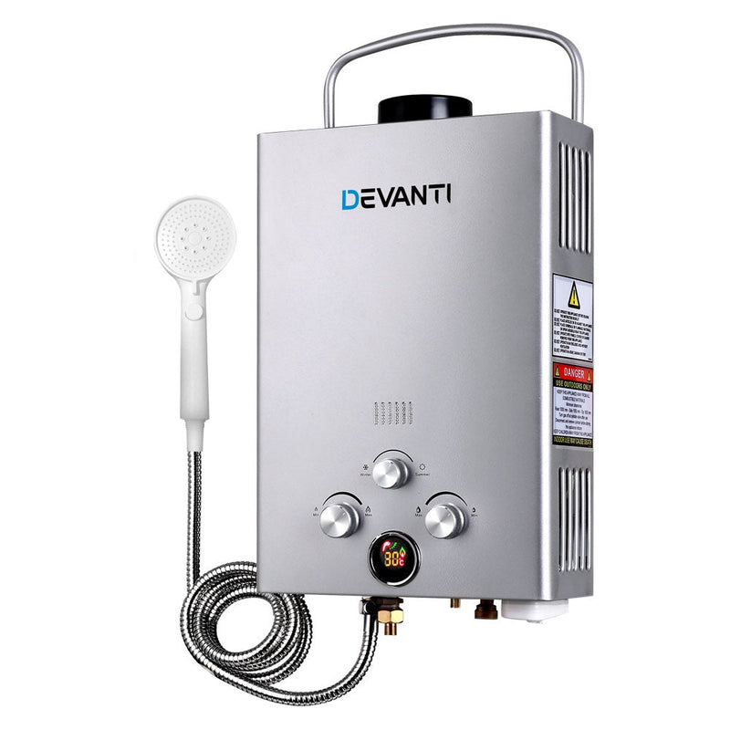 Devanti Outdoor Portable Gas Water Heater 8LPM Camping Shower Silver - Payday Deals