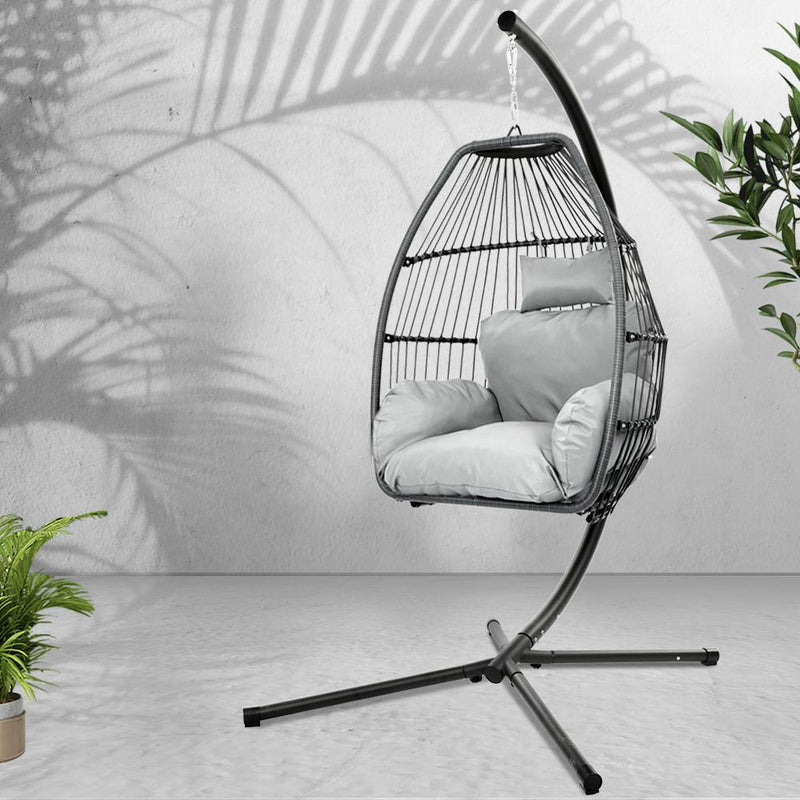 Gardeon Outdoor Furniture Egg Hammock Hanging Swing Chair Stand Pod Wicker Grey - Payday Deals