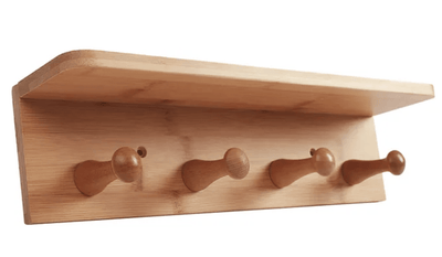 Classic Bamboo Wall Shelf Home Decor Organiser Hanger Storage Rack with 4 Hooks