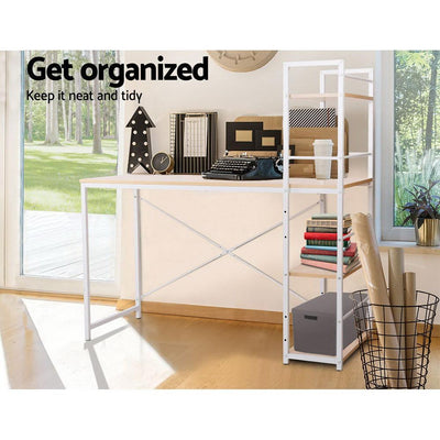 Artiss Metal Desk with Shelves - White with Oak Top - Payday Deals