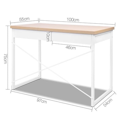 Artiss Metal Desk with Drawer - White with Wooden Top - Payday Deals