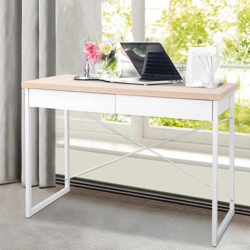 Artiss Metal Desk with Drawer - White with Wooden Top - Payday Deals