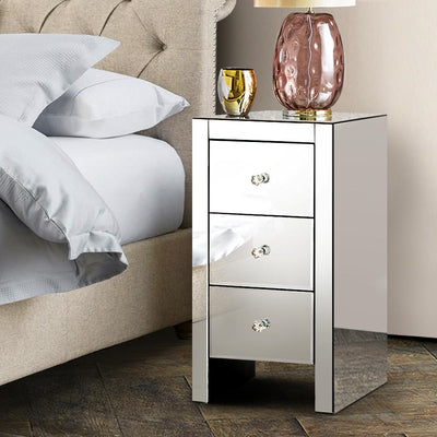 Artiss Mirrored Bedside table Drawers Furniture Mirror Glass Quenn Silver - Payday Deals