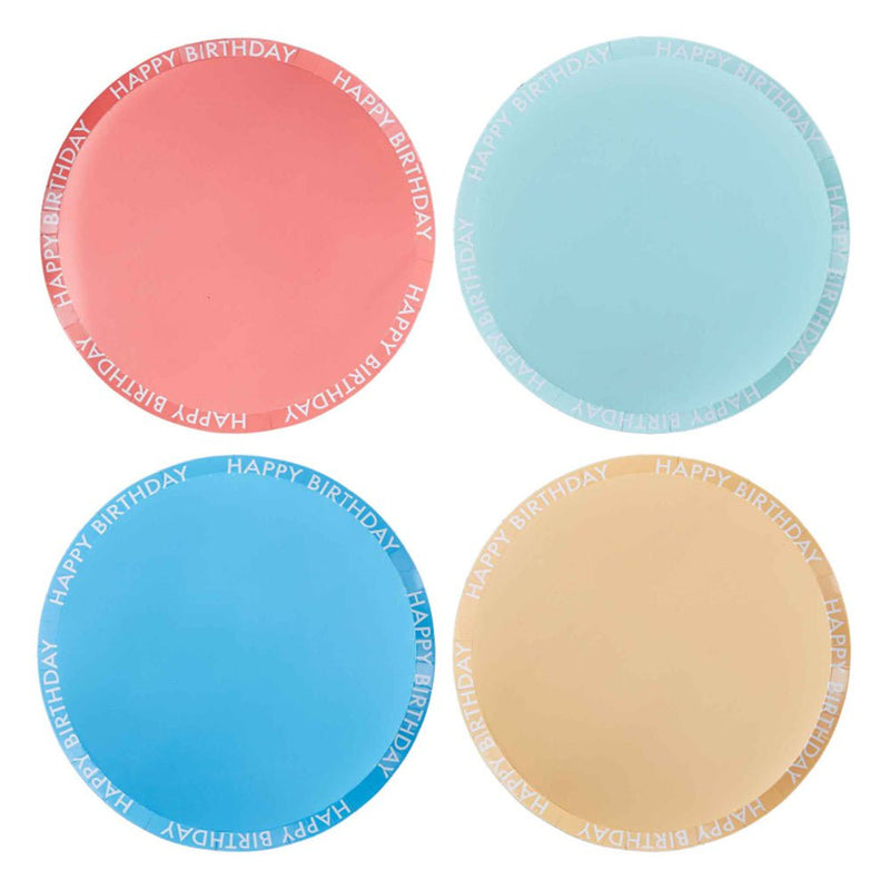 Happy Birthday Rimed Mixed Colours Paper Dinner Plates 8 Pack