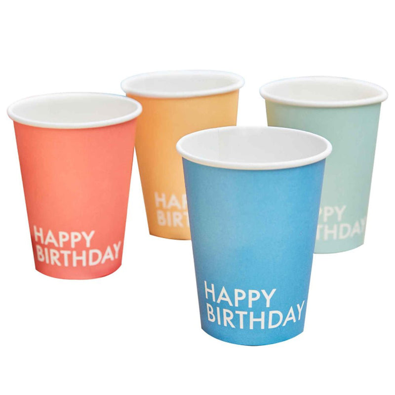 Happy Birthday Mixed Colours Paper Cups 8 Pack
