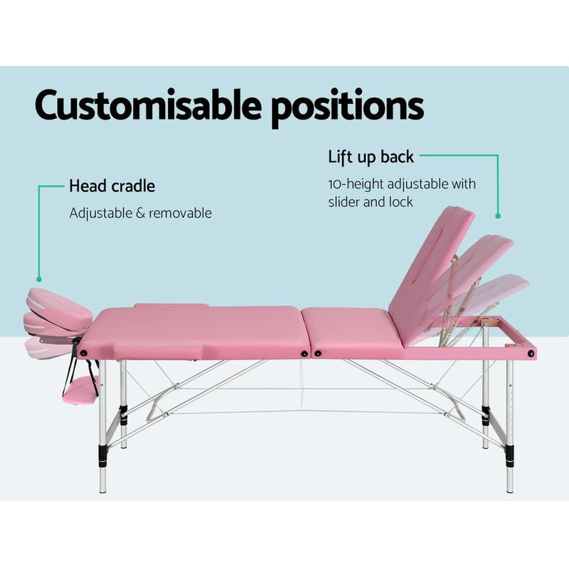 Zenses Massage Table 85cm Portable 3 Fold Aluminium Beauty Bed Pink