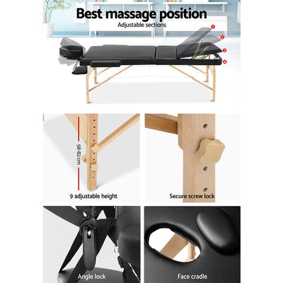 Zenses 60cm Wide Portable Wooden Massage Table 3 Fold Treatment Beauty Therapy Black - Payday Deals