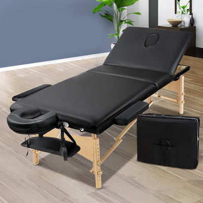 Zenses 60cm Wide Portable Wooden Massage Table 3 Fold Treatment Beauty Therapy Black - Payday Deals