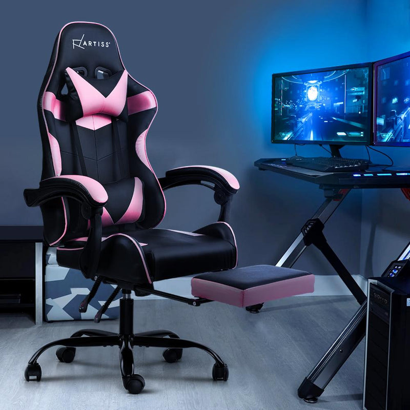 Artiss Office Chair Gaming Chair Computer Chairs Recliner PU Leather Seat Armrest Footrest Black Pink - Payday Deals