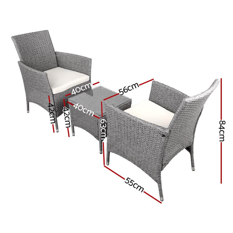 3 Piece Wicker Outdoor Chair Side Table Furniture Set - Grey - Payday Deals