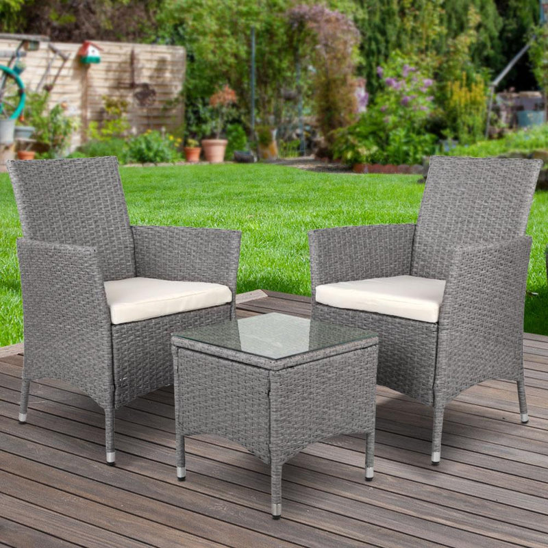 3 Piece Wicker Outdoor Chair Side Table Furniture Set - Grey - Payday Deals