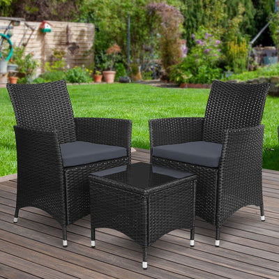 Gardeon 3pc Bistro Wicker Outdoor Furniture Set Black - Payday Deals